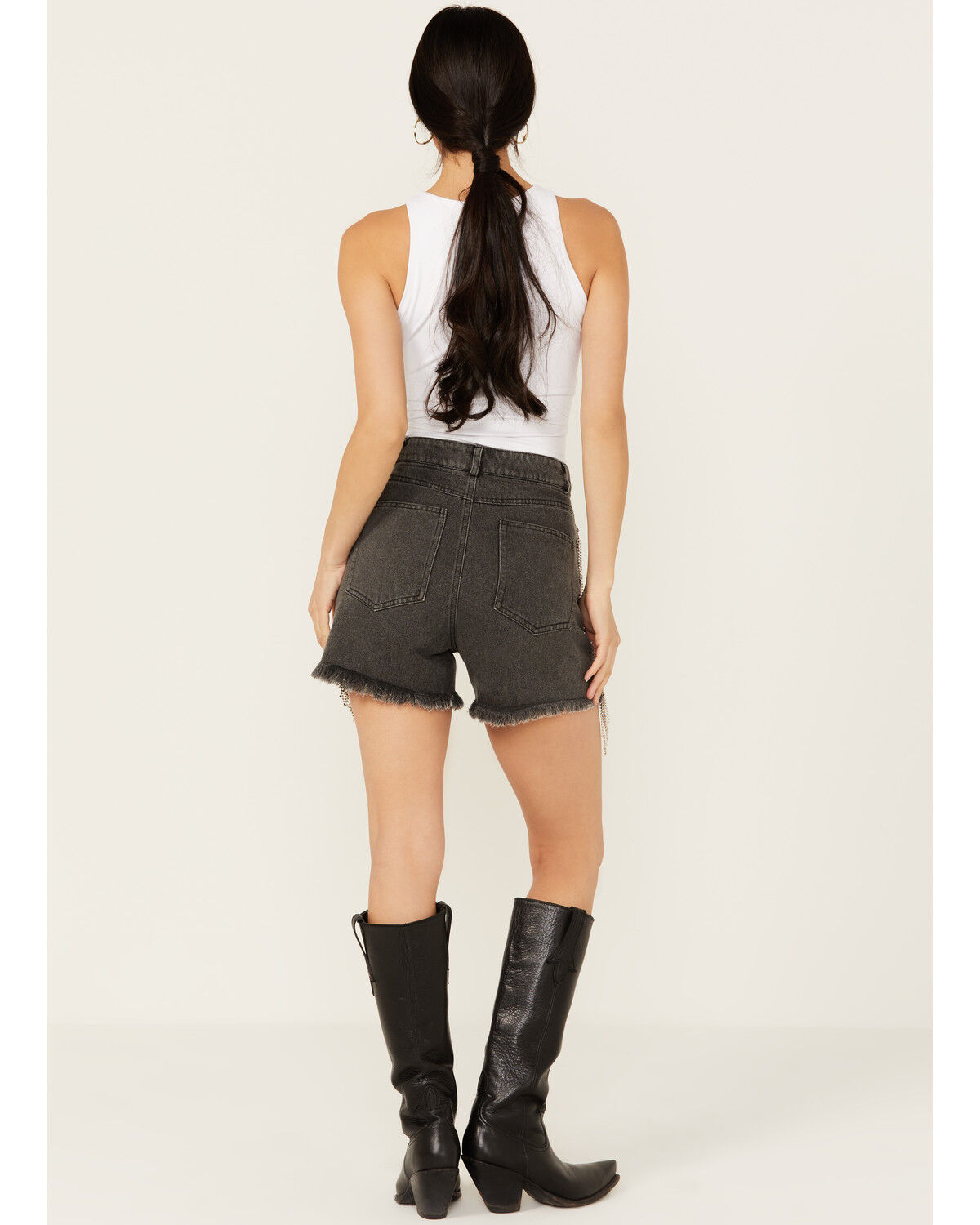 Image #3 - Blue B Women's High Rise Rhinestone Side Chain Fringe Denim Shorts, Charcoal, hi-res