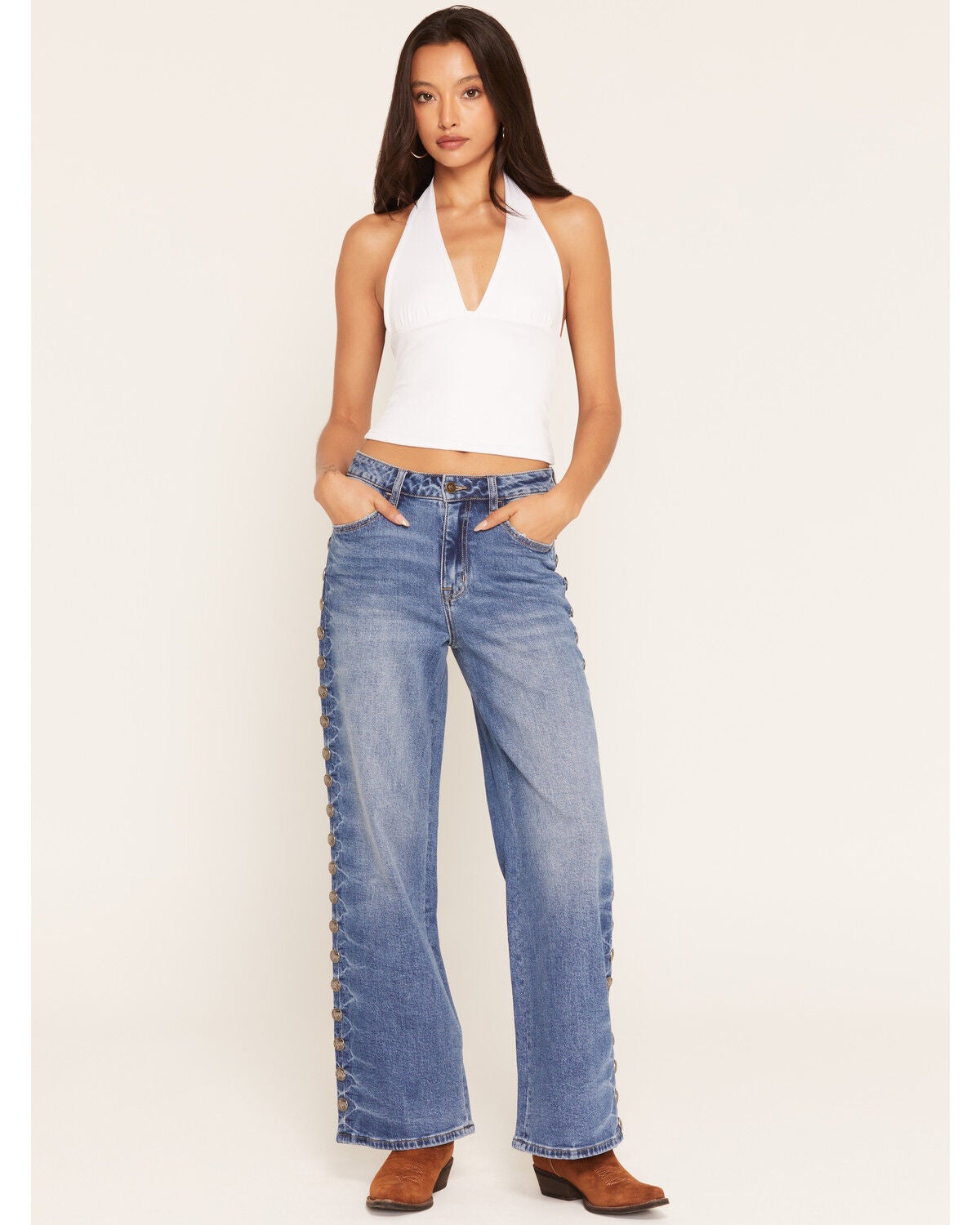Rodeo Quincy X Boot Barn Women's Buffalo Billie Light Wash High Rise Concho Wide Leg Stretch Denim Jeans, Light Wash, hi-res