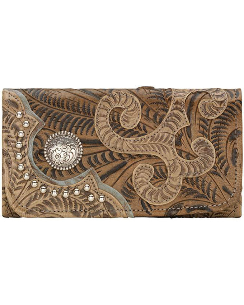 American West Women's Hand Tooled Tri-Fold Wallet, Sand, hi-res