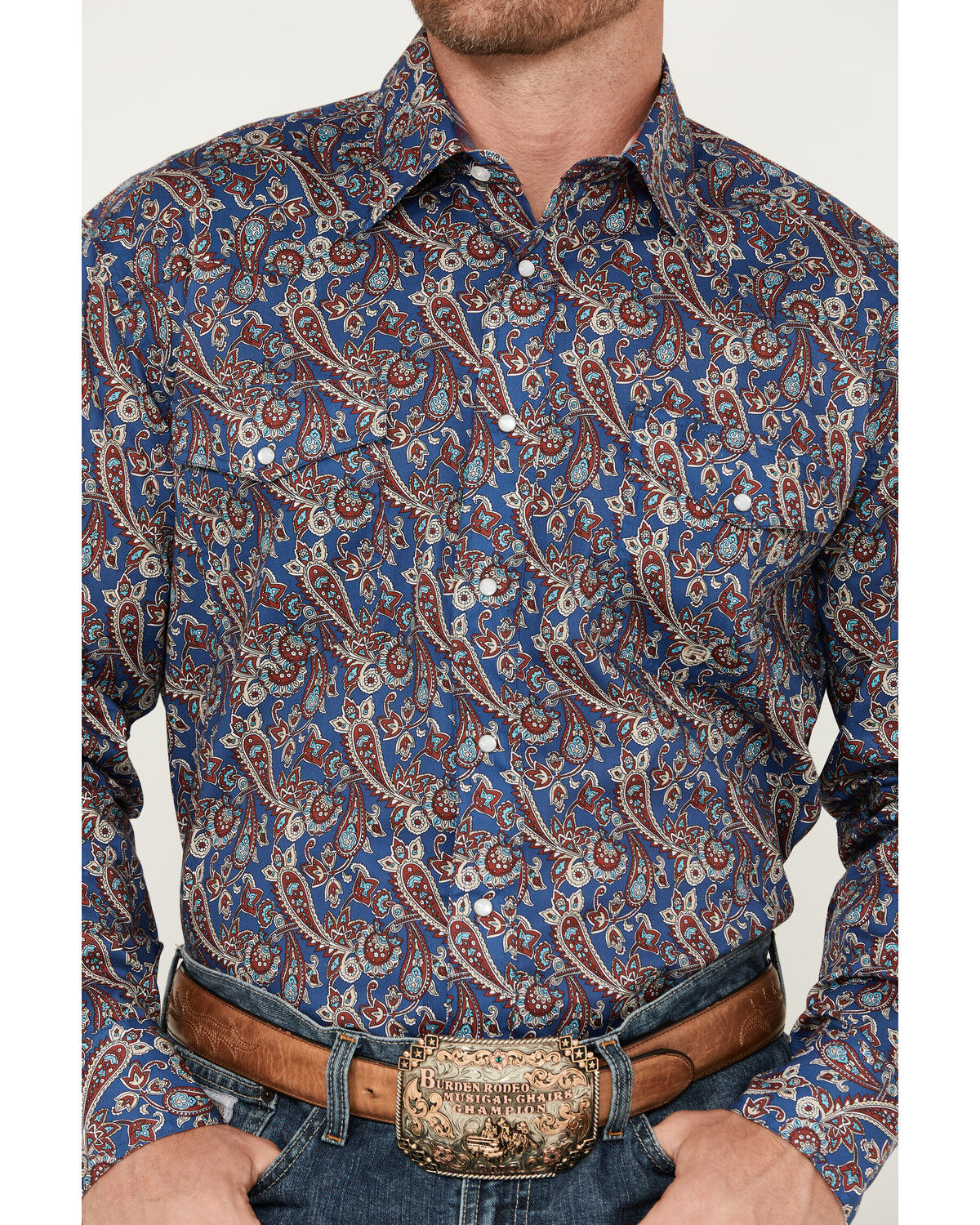 Image #2 - Roper Men's Amarillo Paisley Print Long Sleeve Pearl Snap Western Shirt, Blue, hi-res