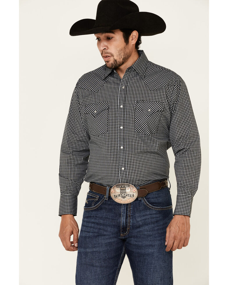 Ely Walker Men's Black Small Check Plaid Long Sleeve Snap Western Shirt , Black, hi-res