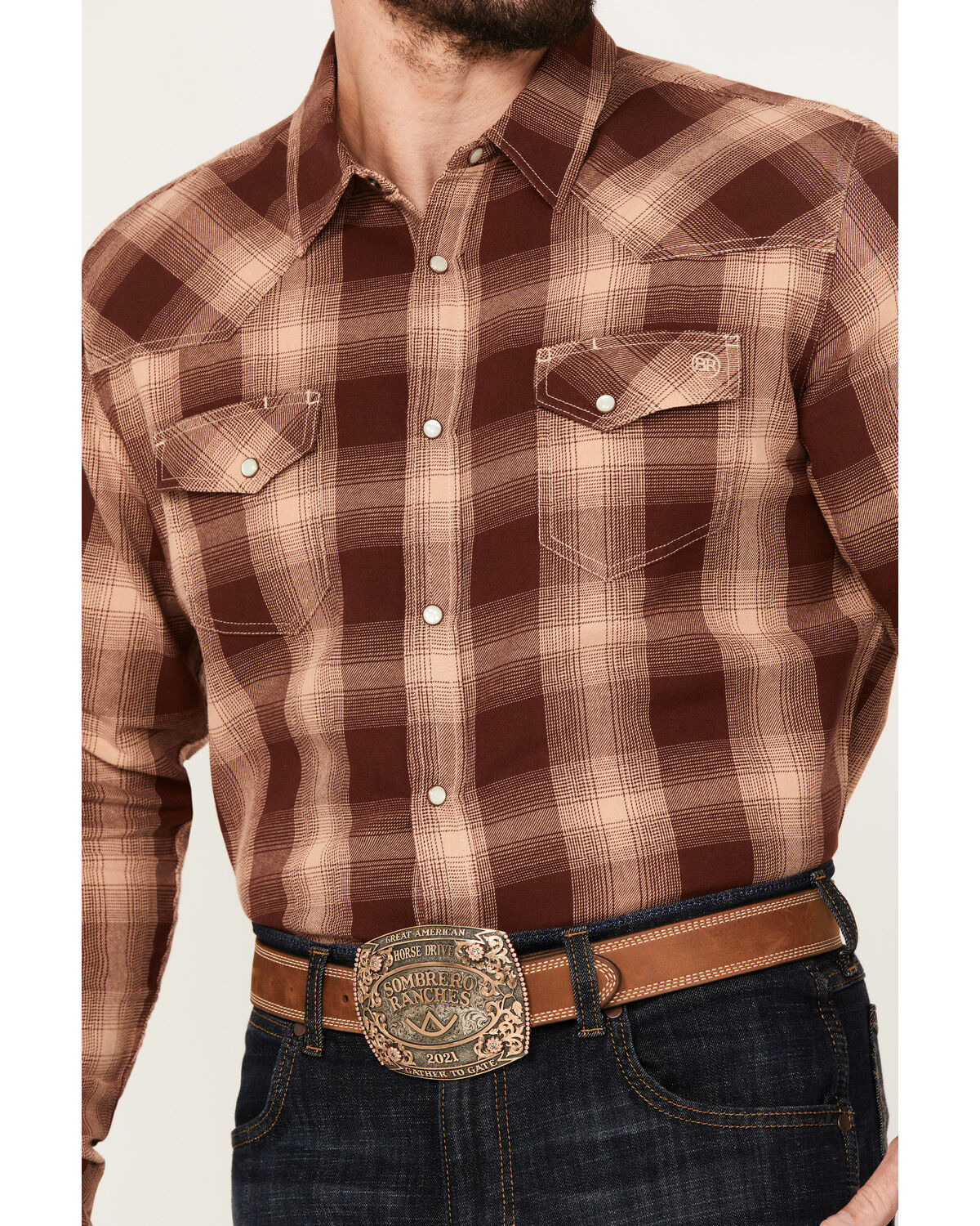 Image #3 - Blue Ranchwear Men's Lander Plaid Print Long Sleeve Western Pearl Snap Shirt, Red, hi-res