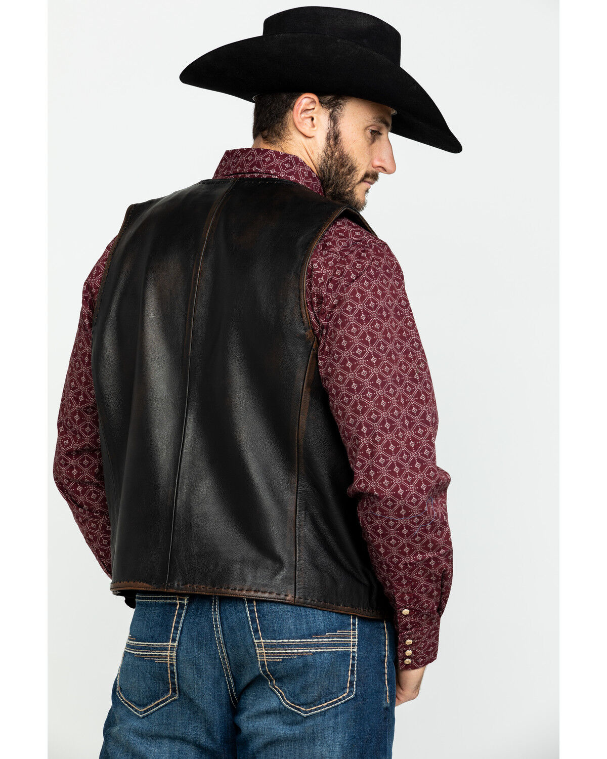Image #2 - Scully Leatherwear Men's Leather Buck Stitch Vest, Brown, hi-res