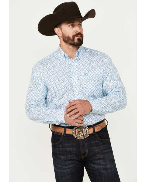 Ariat Men's Wrinkle Free Geo Print Classic Fit Long Sleeve Button-Down Western Shirt, Aqua, hi-res