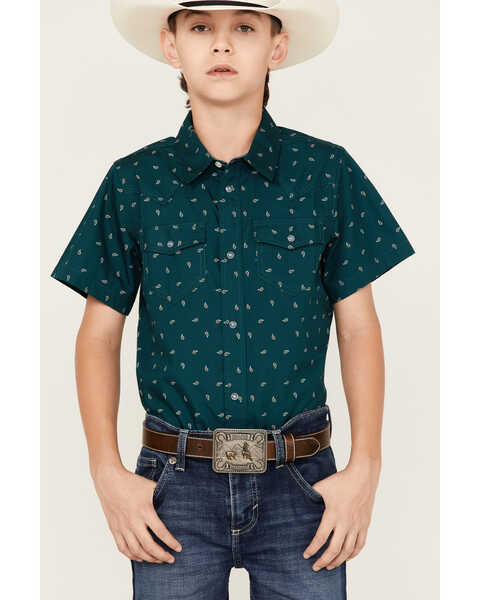 Image #3 - Boot Barn Boys' Printed Western Short Sleeve Shirt, Teal, hi-res