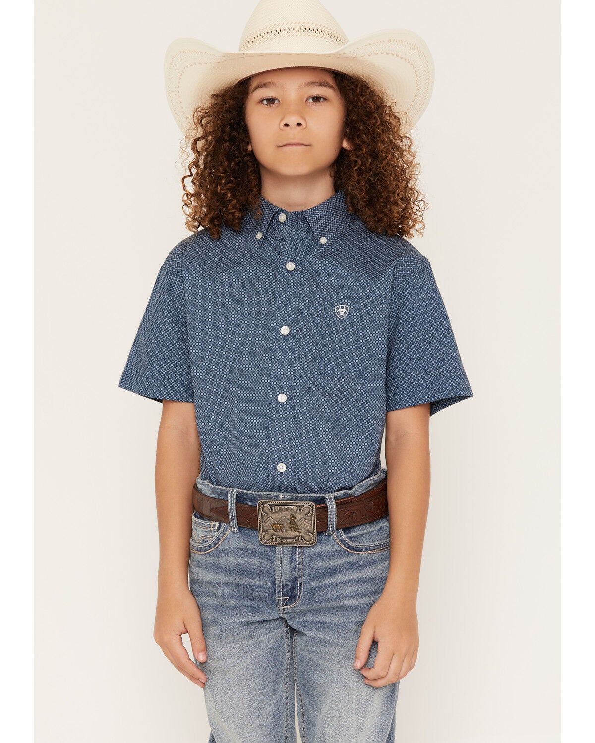 Ariat Boys' Geo Print Short Sleeve Button-Down Western Shirt, Blue, hi-res