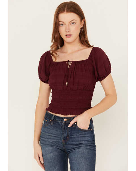 Shyanne Women's Puff Sleeve Smocked Bodice Top, Maroon, hi-res