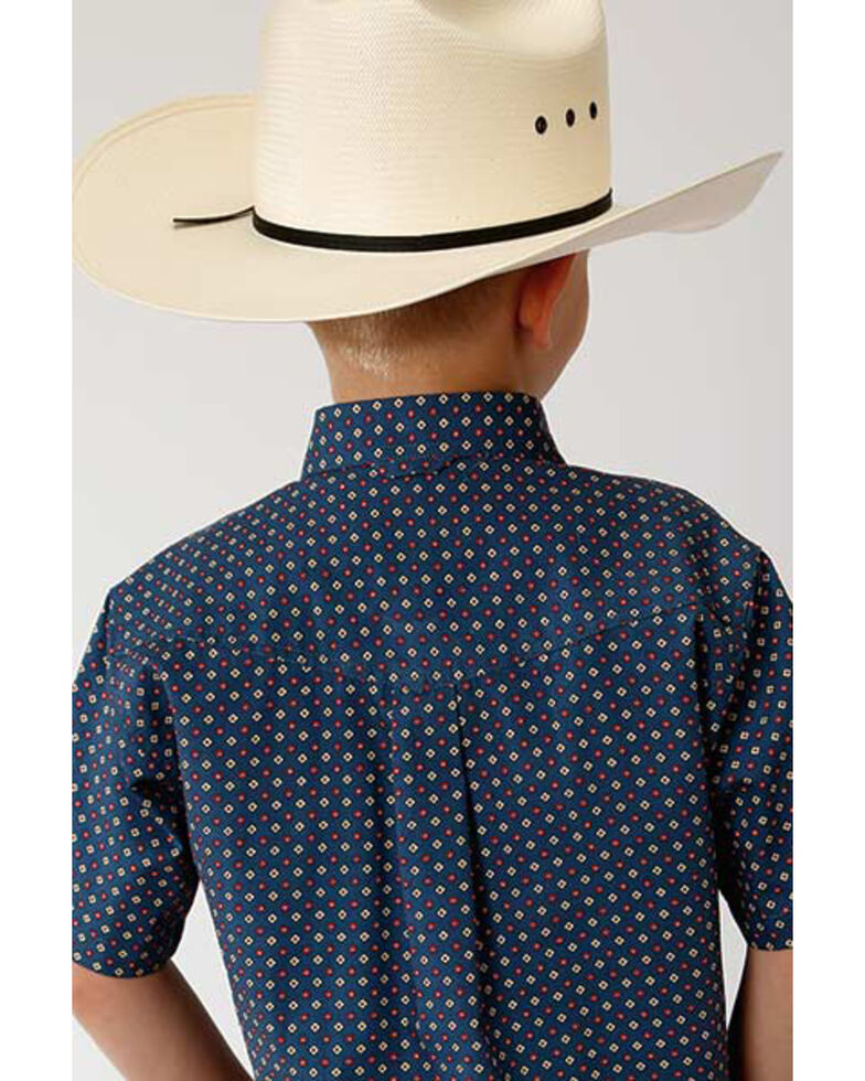 Roper Boys' Amarillo Heritage Foulard Geo Print Short Sleeve Western Shirt  , Blue, hi-res