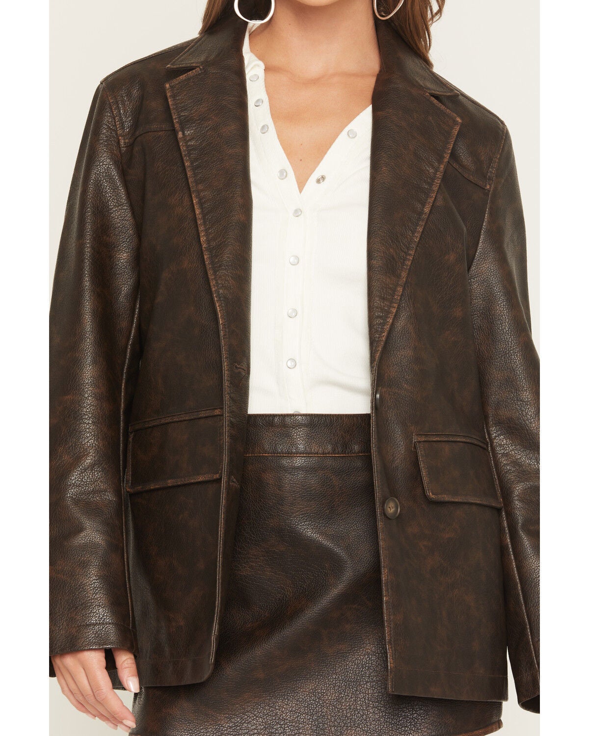 Image #3 - Miss Me Women's Faux Leather Oversized Blazer, Chocolate, hi-res