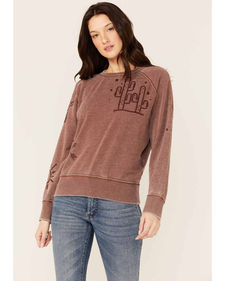 Ariat Women's American Stories Crew Southwestern Embroidered Theme Pullover Sweatshirt, Brown, hi-res