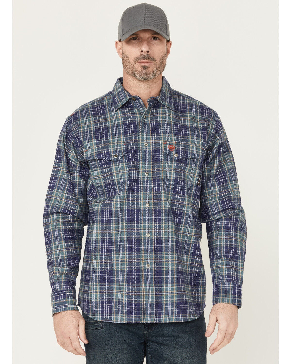 Ariat Men's FR Orson Plaid Print Long Sleeve Button-Down Work Shirt, Blue, hi-res