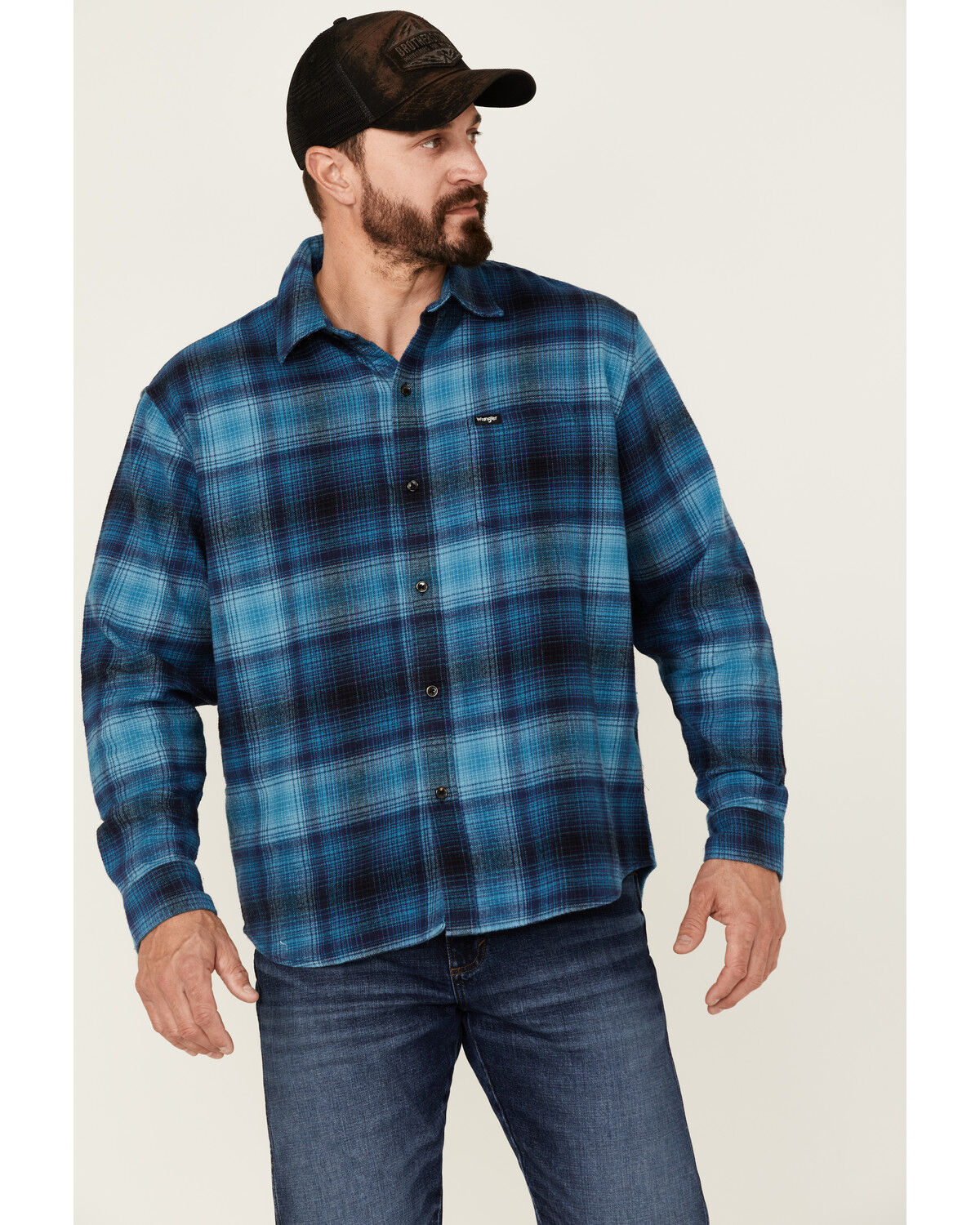 Image #1 - Wrangler X Fender Men's Plaid Tour Back Patch Button-Down Shirt Flannel Jacket, Navy, hi-res