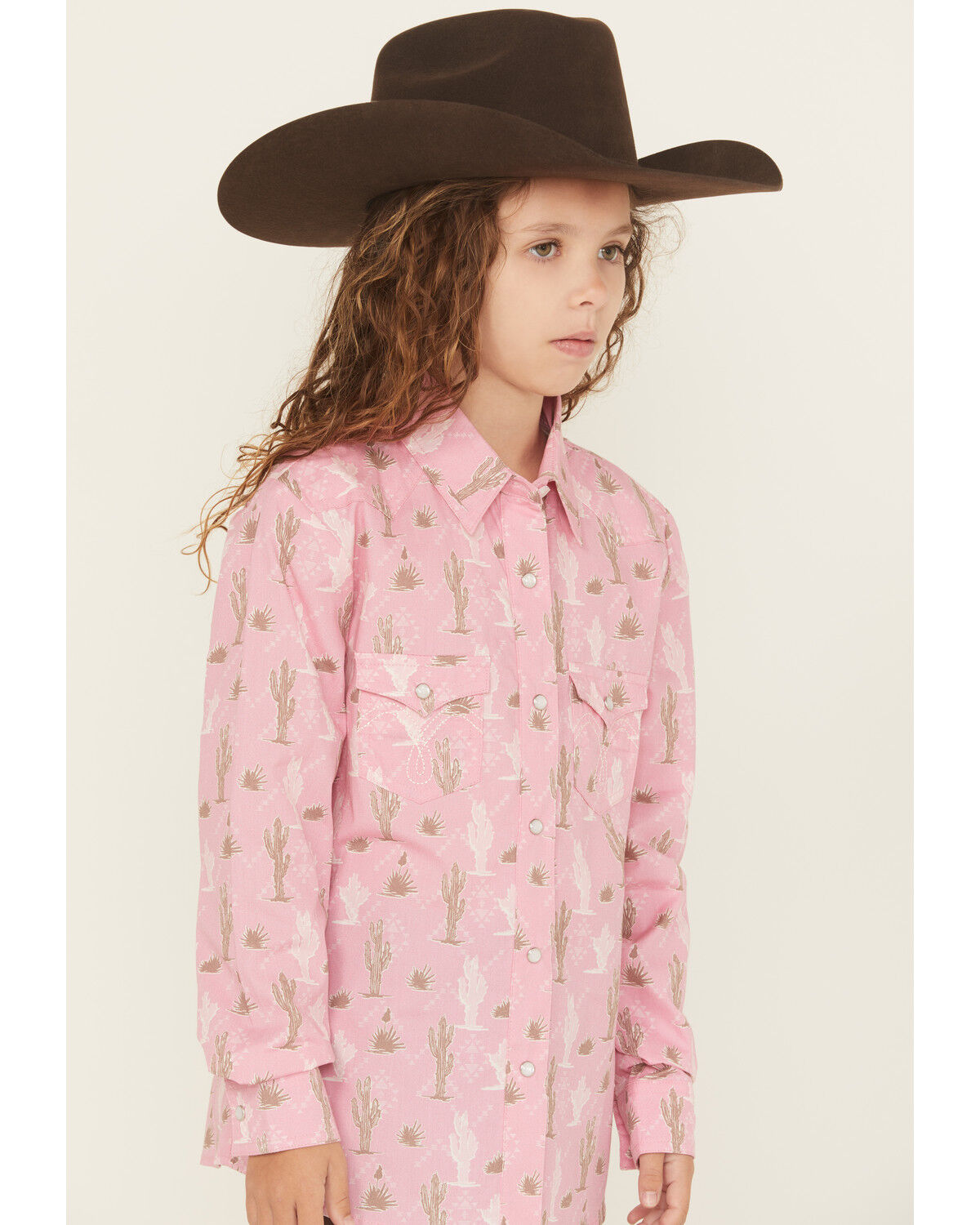 Image #2 - Panhandle Girls Cactus Print Long Sleeve Snap Western Shirt, Pink, hi-res