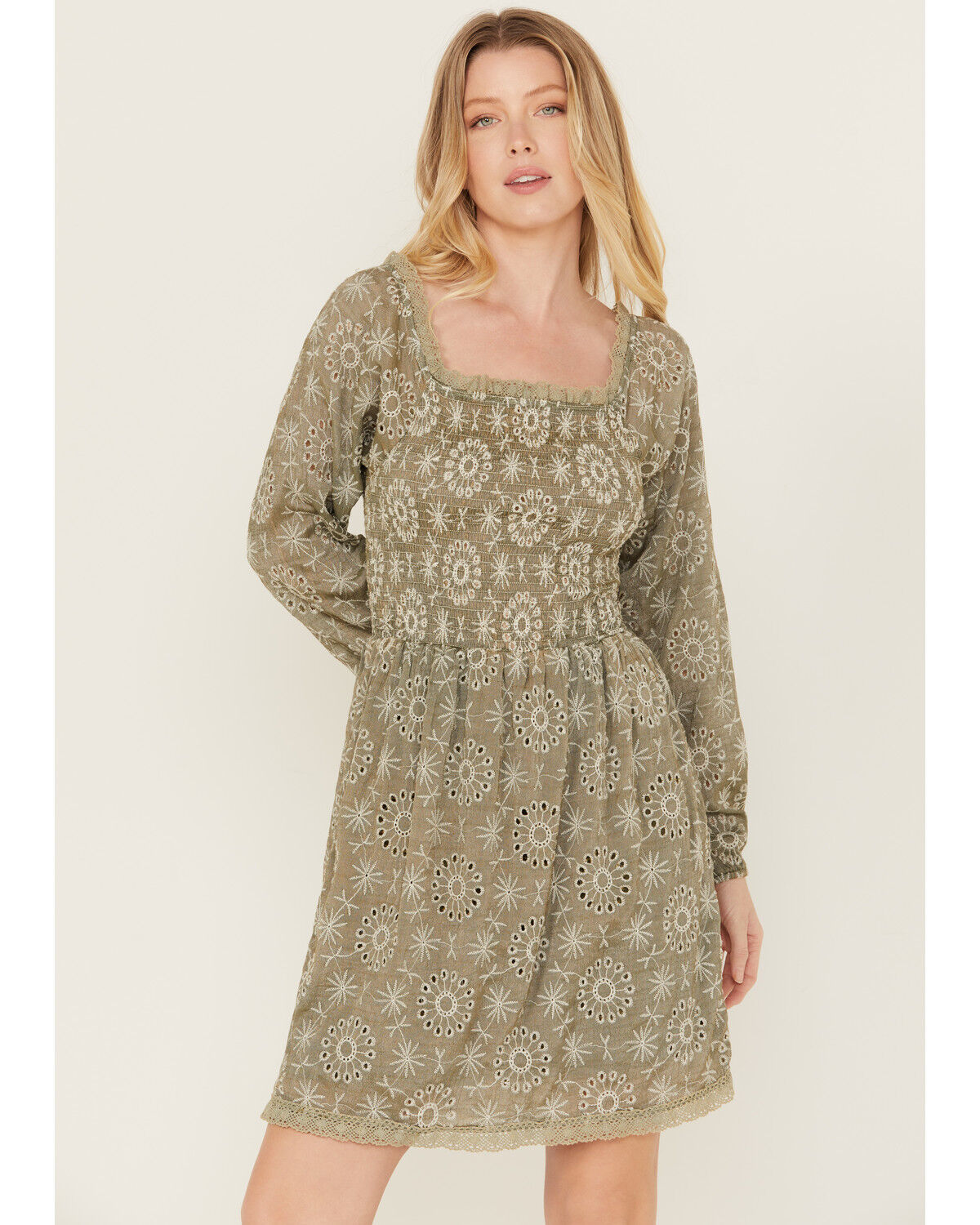 Image #1 - Wild Moss Women's Mineral Wash Smocked Long Sleeve Mini Dress, Sage, hi-res