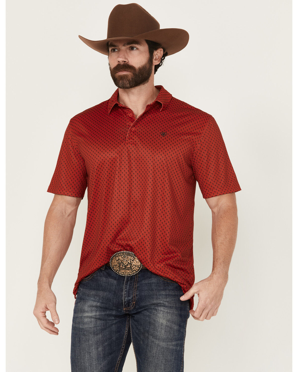 Image #1 - Ariat Men's Palm Tree Print Short Sleeve Polo, Red, hi-res