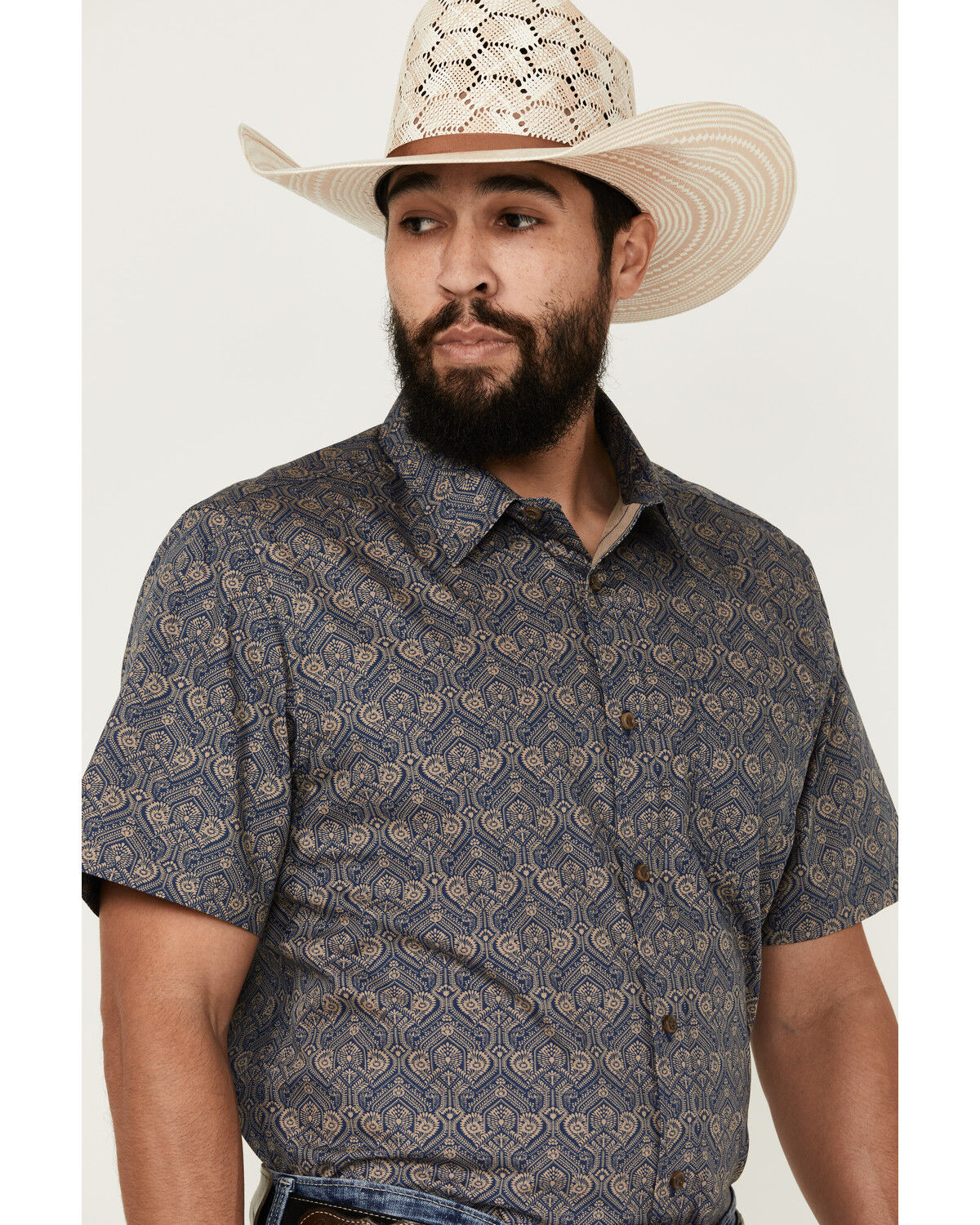 Image #2 - Gibson Trading Co Men's Rain Down Medallion Print Short Sleeve Button-Down Western Shirt, Navy, hi-res