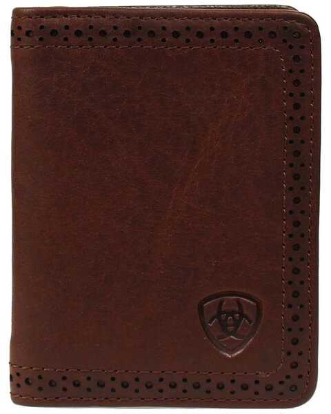 Ariat Men's Perforated Edge Embossed Logo Bi-fold Wallet, Copper, hi-res