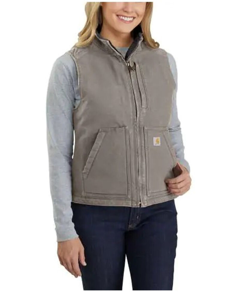 Carhartt Women's Taupe Washed Duck Sherpa Lined Vest - Plus, Taupe, hi-res