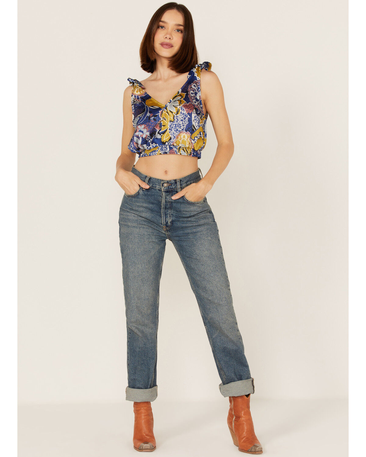 Image #2 - Free People Women's Weekend In Montauk Floral Print Cropped Tank Top, Blue, hi-res