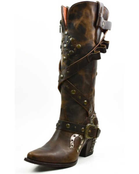 Dan Post Women's Distressed Harness Western Boots - Snip Toe , Brown, hi-res