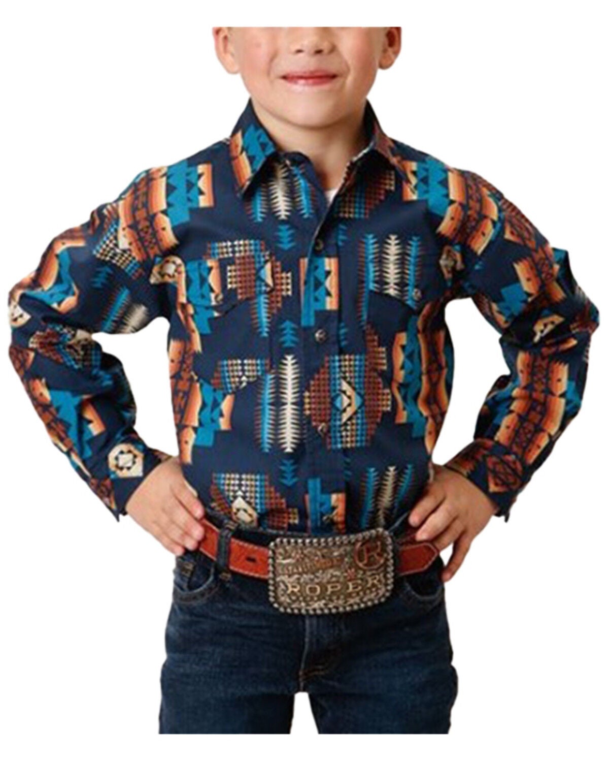 Roper Boys' Vintage Style Vertical Southwestern Print Long Sleeve Snap Western Shirt, Blue, hi-res