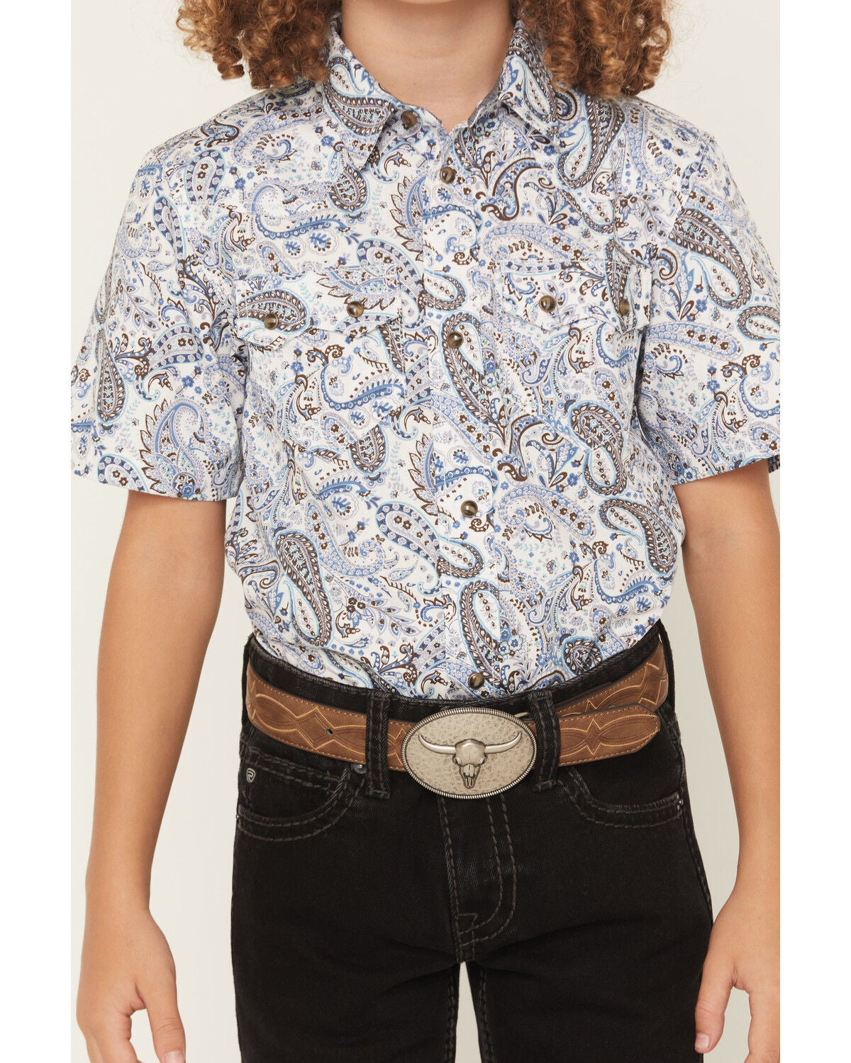 Image #3 - Cody James Boys' Ryder Paisley Print Short Sleeve Snap Western Shirt, Cream, hi-res