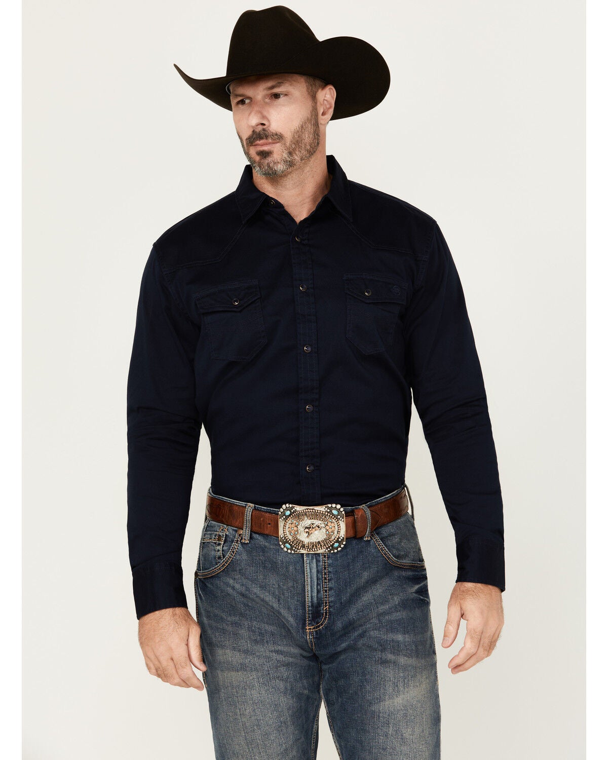 Blue Ranchwear Men's Rustler Solid Twill Long Sleeve Snap Stretch Western Work Shirt, Navy, hi-res