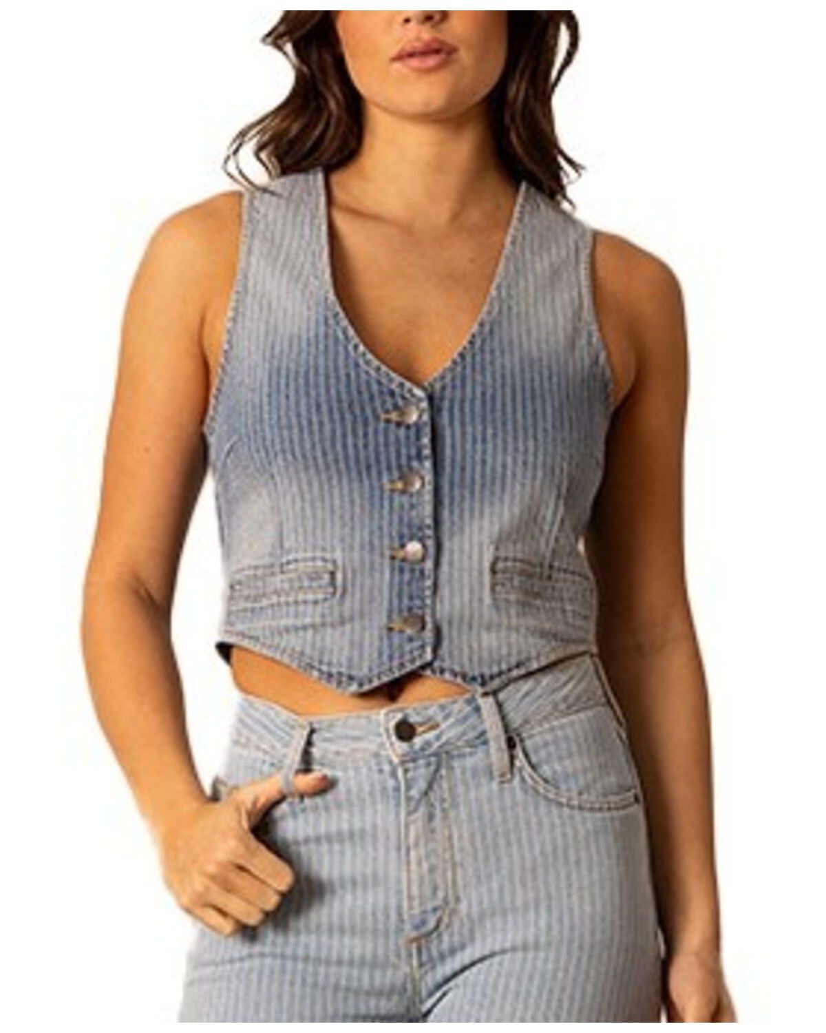 Kimes Ranch Women's Candace Faded Pinstripe Denim Vest, Medium Wash, hi-res