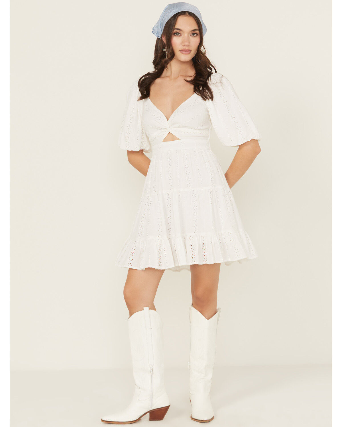 Image #1 - Angie Women's Eyelet Short Puff Sleeve Mini Dress, White, hi-res