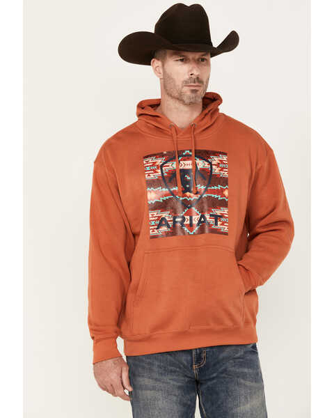 Ariat Men's Southwestern Block Hooded Sweatshirt, Orange, hi-res