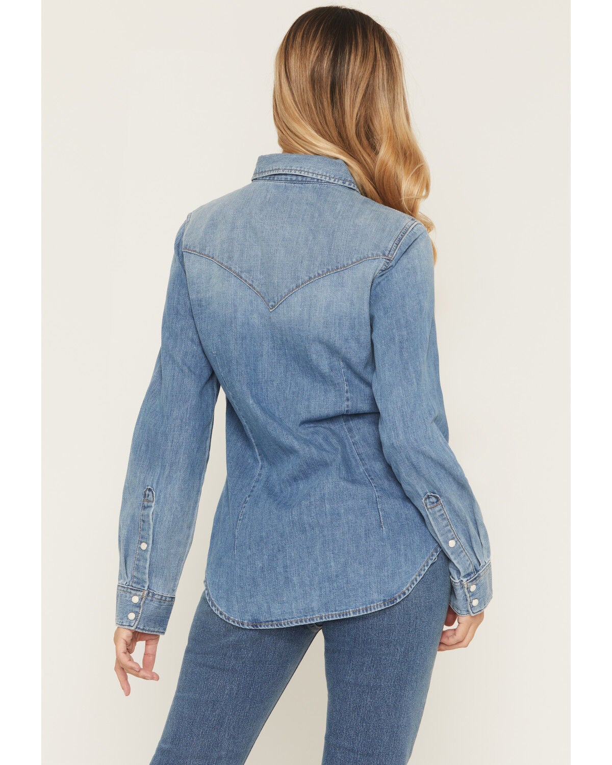 Image #4 - Wrangler Women's Light Wash Long Sleeve Snap Denim Shirt, Light Wash, hi-res