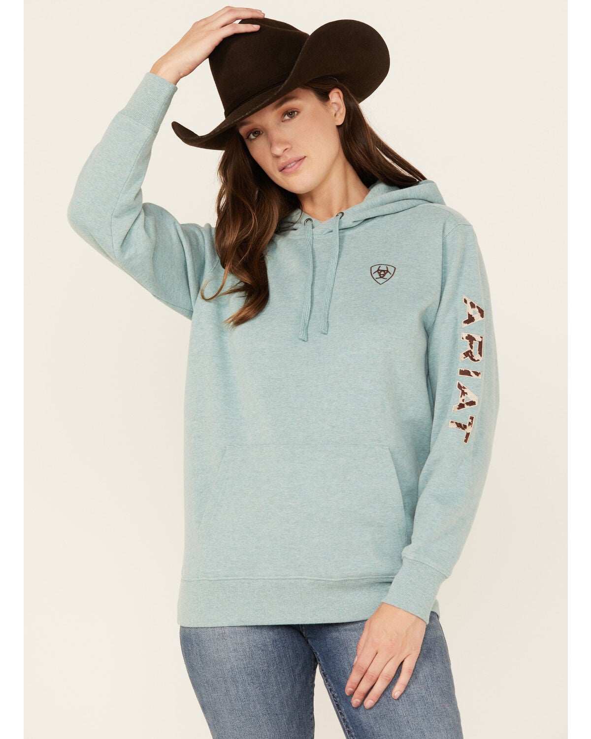 Image #1 - Ariat Women's Boot Barn Exclusive Cow Print Embroidered Logo Hoodie, , hi-res
