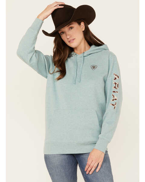 Ariat Women's Cow Print Embroidered Logo Hoodie , Blue, hi-res