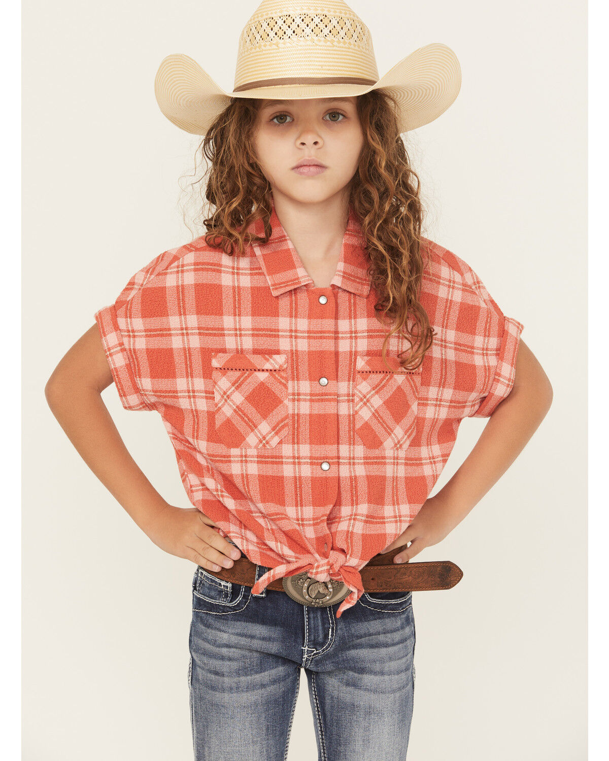 Image #1 - Shyanne Girls' Camp Plaid Print Short Sleeve Snap Tie-Front Shirt, Dark Pink, hi-res