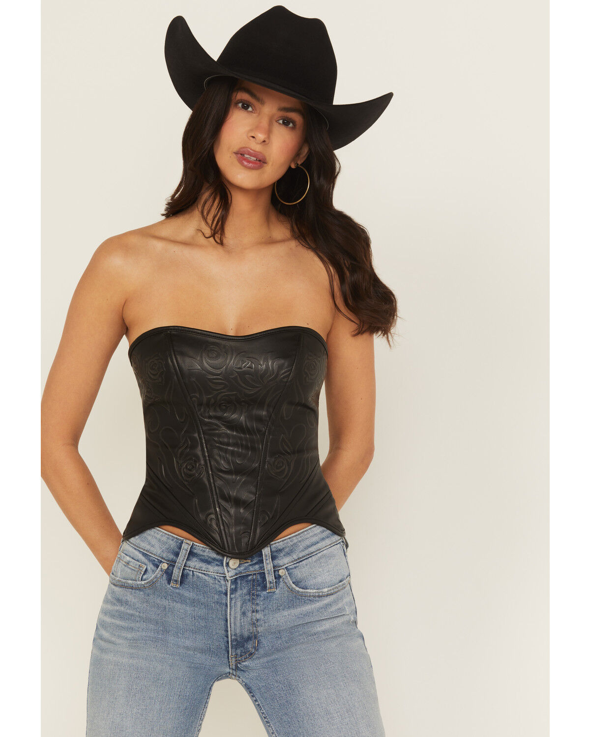 Image #1 - Fornia Women's Rose Embossed Faux Leather Bustier, Black, hi-res