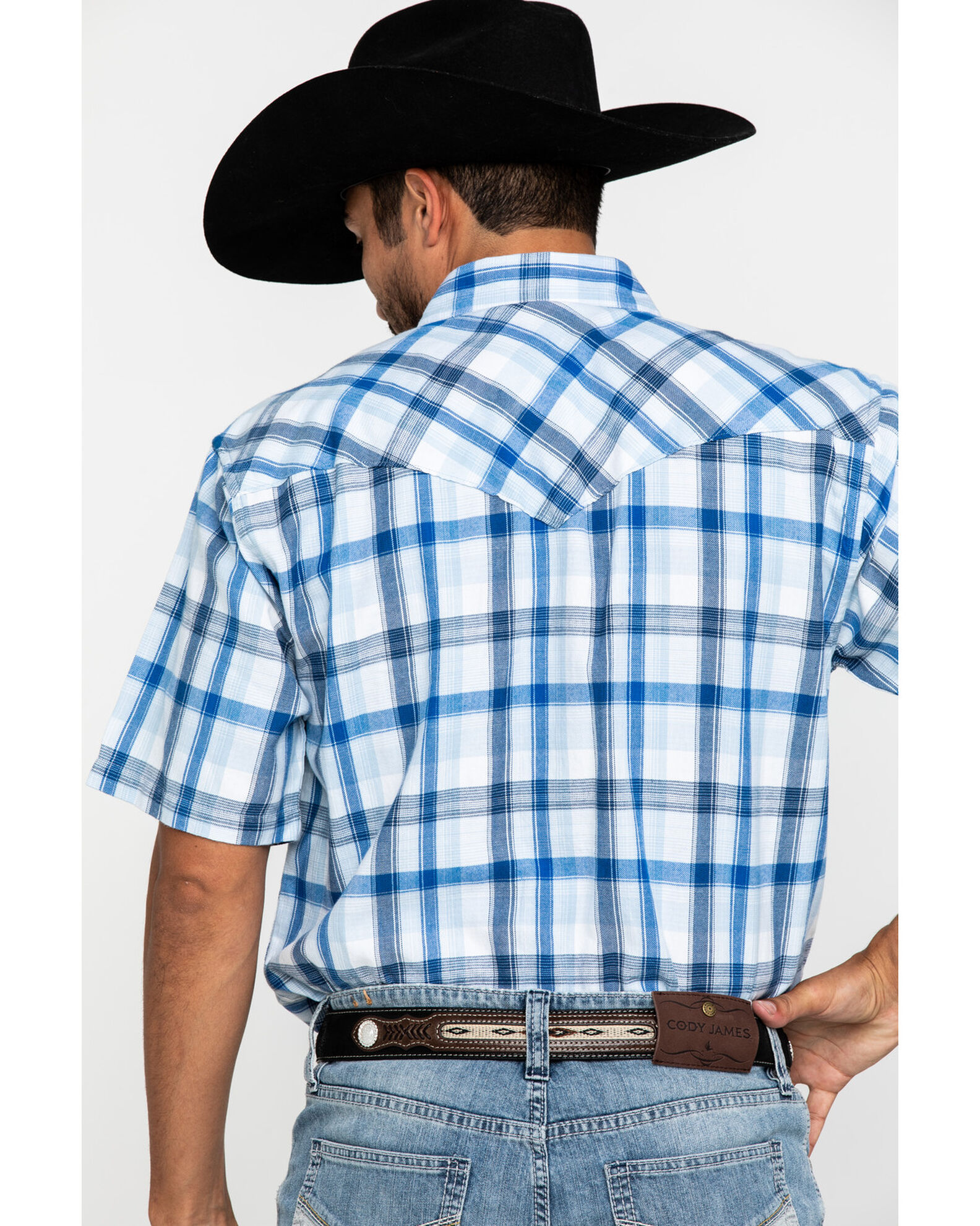 Image #5 - Resistol Men's Blue Vallecito Large Plaid Short Sleeve Western Shirt, Blue, hi-res