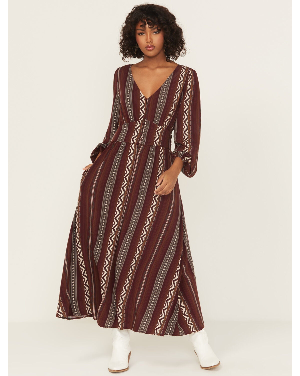 Wrangler Retro Women's Southwestern Striped Print Long Sleeve Button-Down Maxi Dress, Burgundy, hi-res