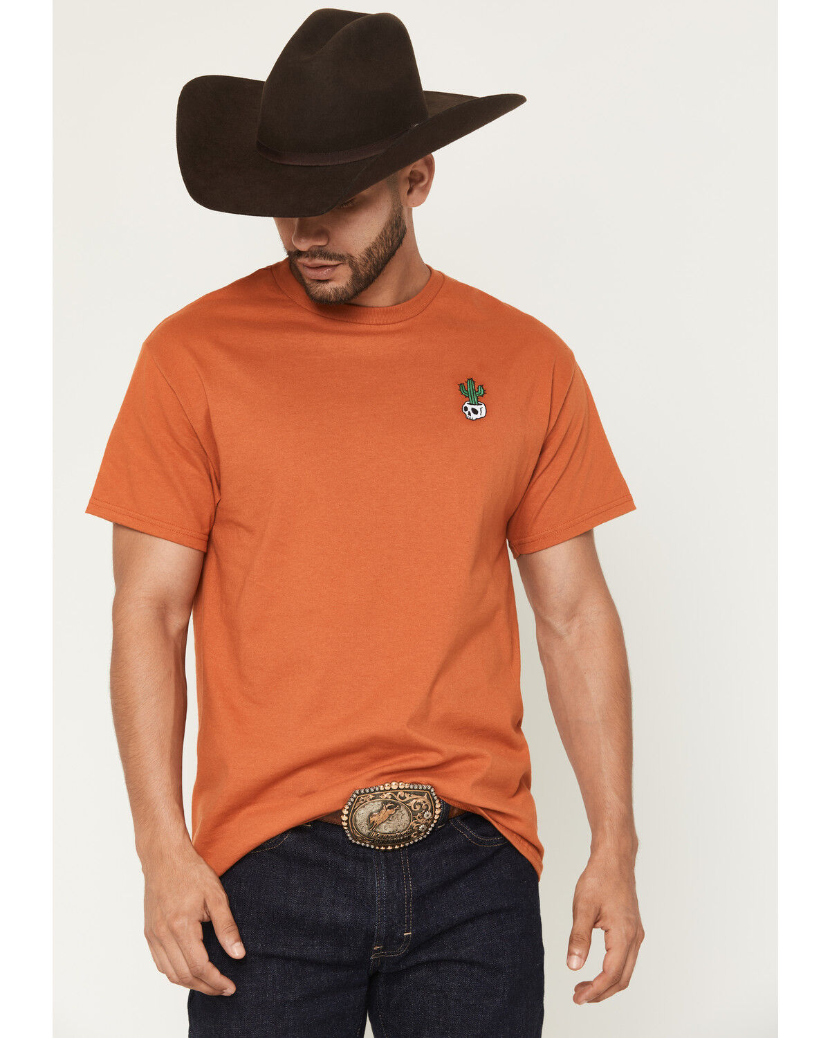 Image #1 - Riot Society Men's Cactus Skull Embroidered Short Sleeve T-Shirt, Dark Orange, hi-res