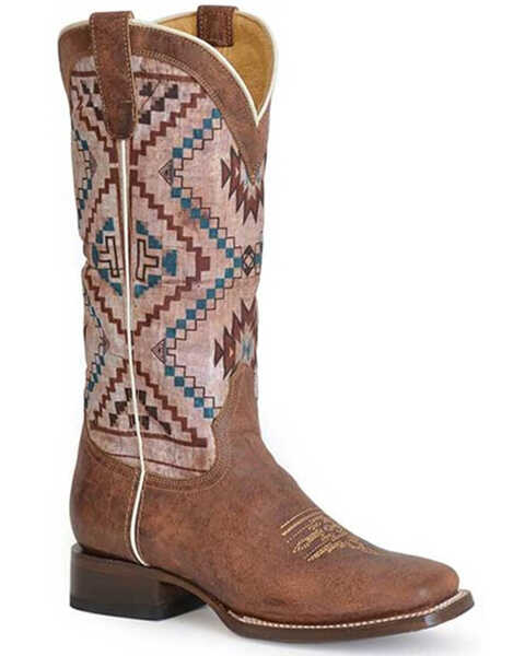 Roper Women's Margo Southwestern Textile Shaft Western Boots - Square Toe , Brown, hi-res