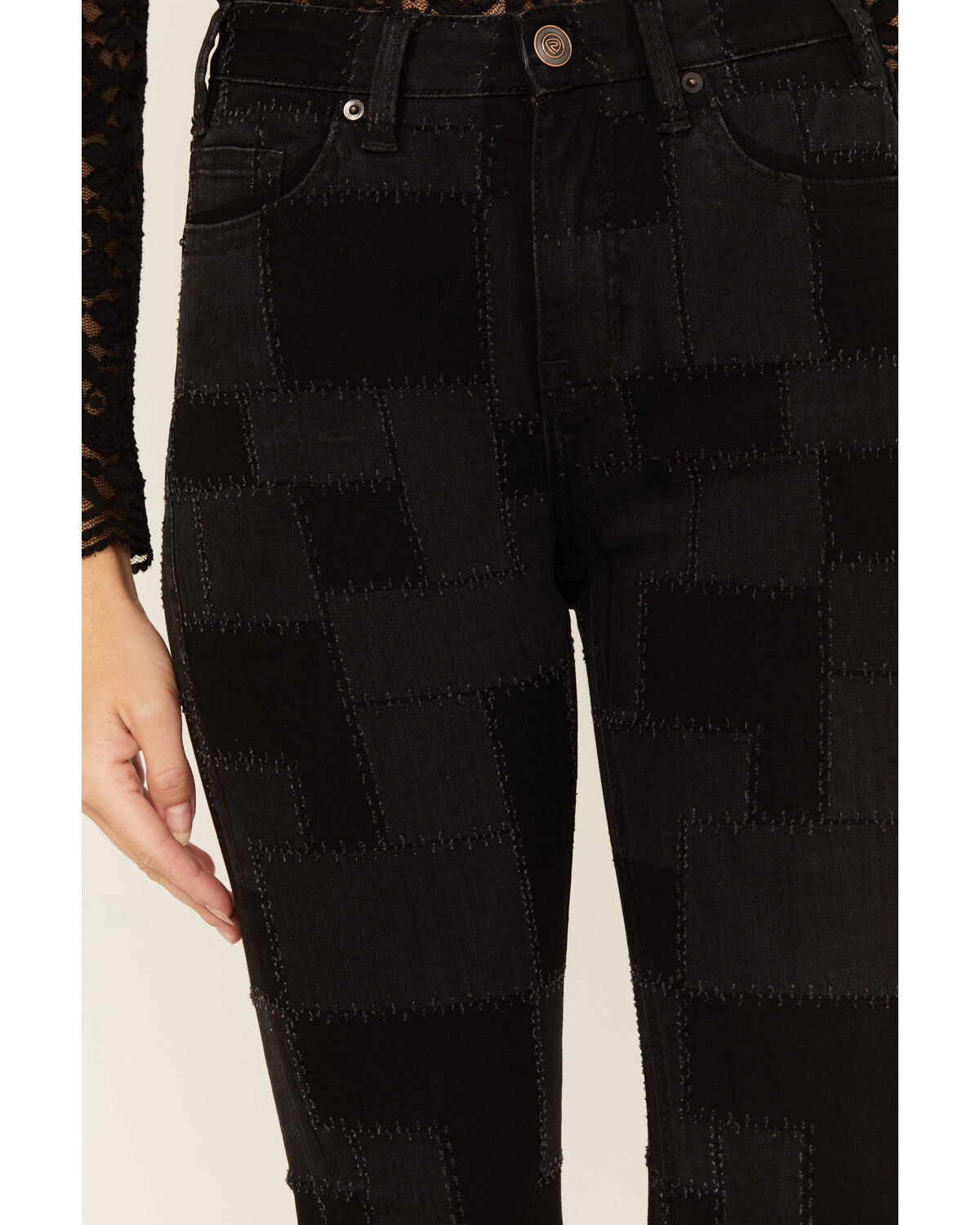 Image #2 - Rock & Roll Denim Women's Dark Wash Patchwork High Rise Slim Stretch Flare Jeans, Black, hi-res