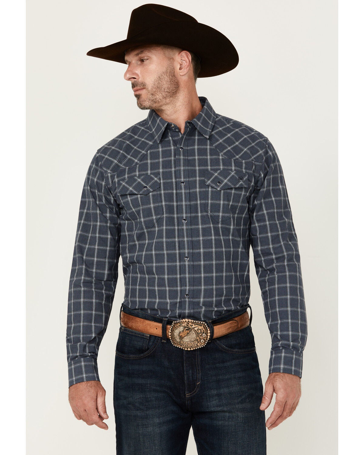 Blue Ranchwear Men's Elk Plaid Print Long Sleeve Snap Western Shirt, Indigo, hi-res