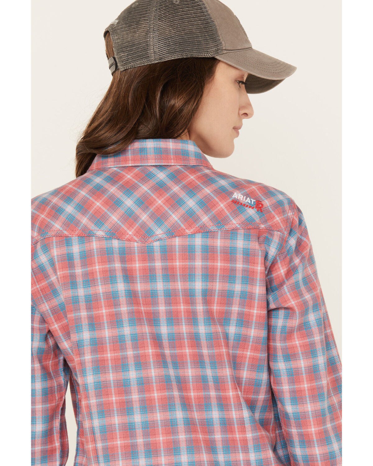 Image #4 - Ariat Women's FR Plaid Print Long Sleeve Button Down Work Shirt, Coral, hi-res