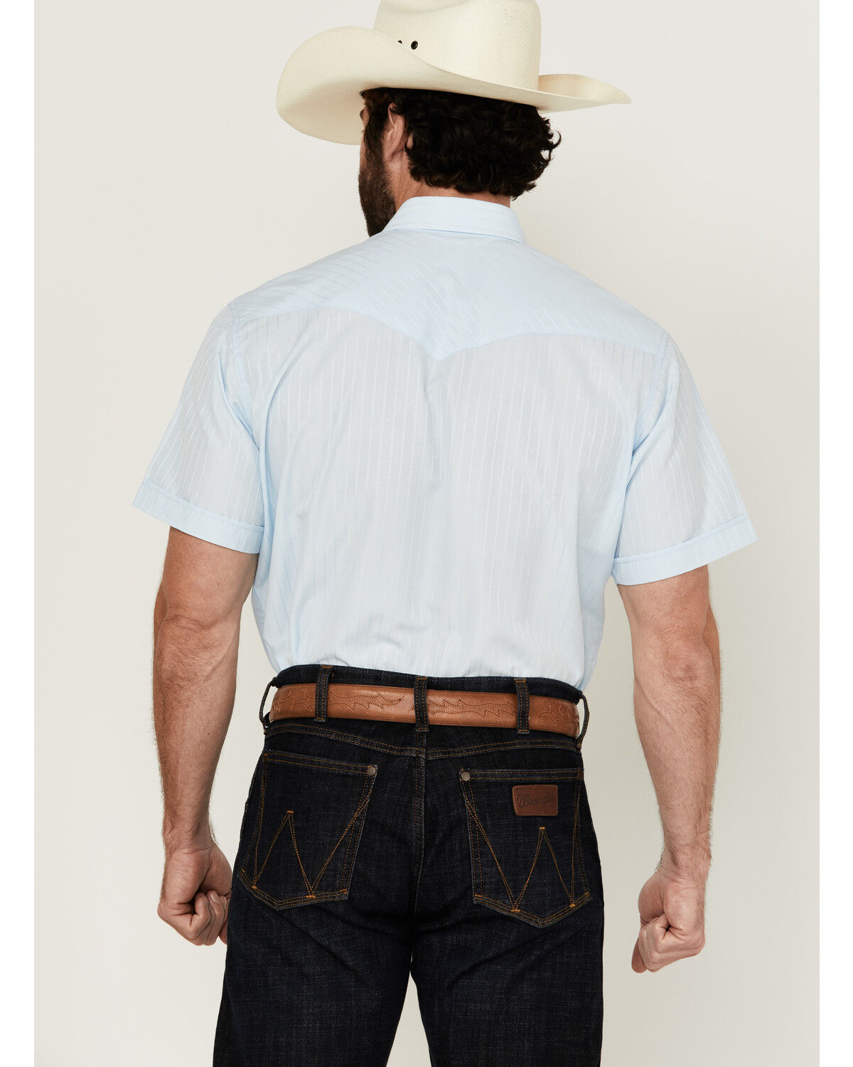 Image #4 - Rodeo Clothing Men's Tonal Satin Striped Short Sleeve Pearl Snap Western Shirt, Blue, hi-res
