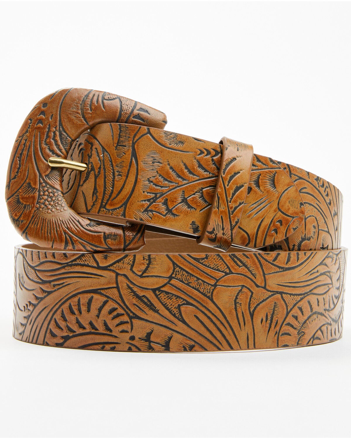 Shyanne Women's Tooled Buckle Belt, Brown, hi-res