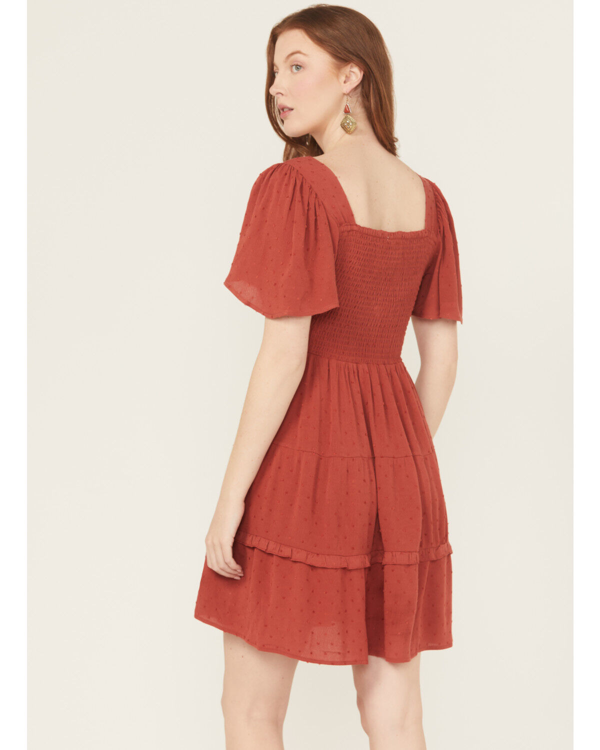 Image #4 - Wild Moss Women's Crochet Inset Twist Front Short Sleeve Mini Dress, Rust Copper, hi-res