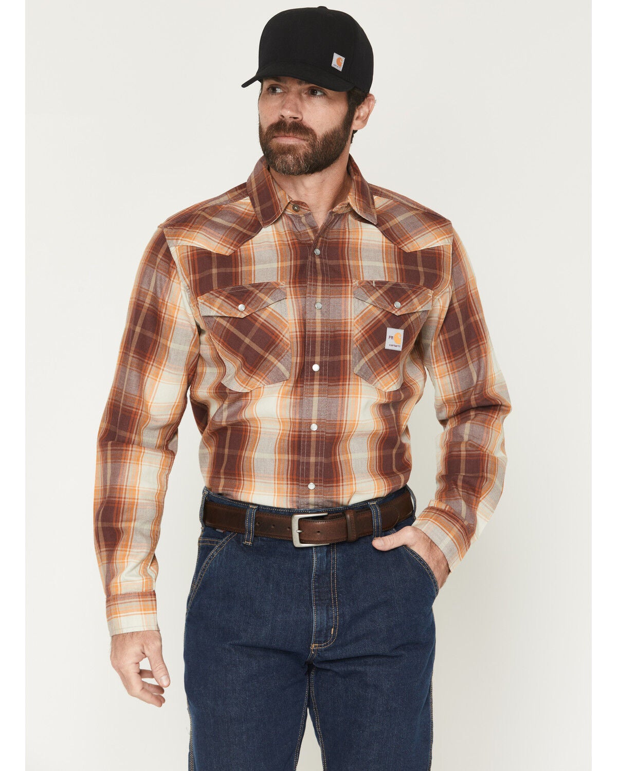 Carhartt Men's FR Montana Plaid Print Long Sleeve Snap Work Shirt, Wine, hi-res