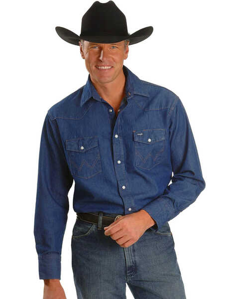 Wrangler Men's Cowboy Cut Rigid Denim Western Work Shirt, Blue, hi-res