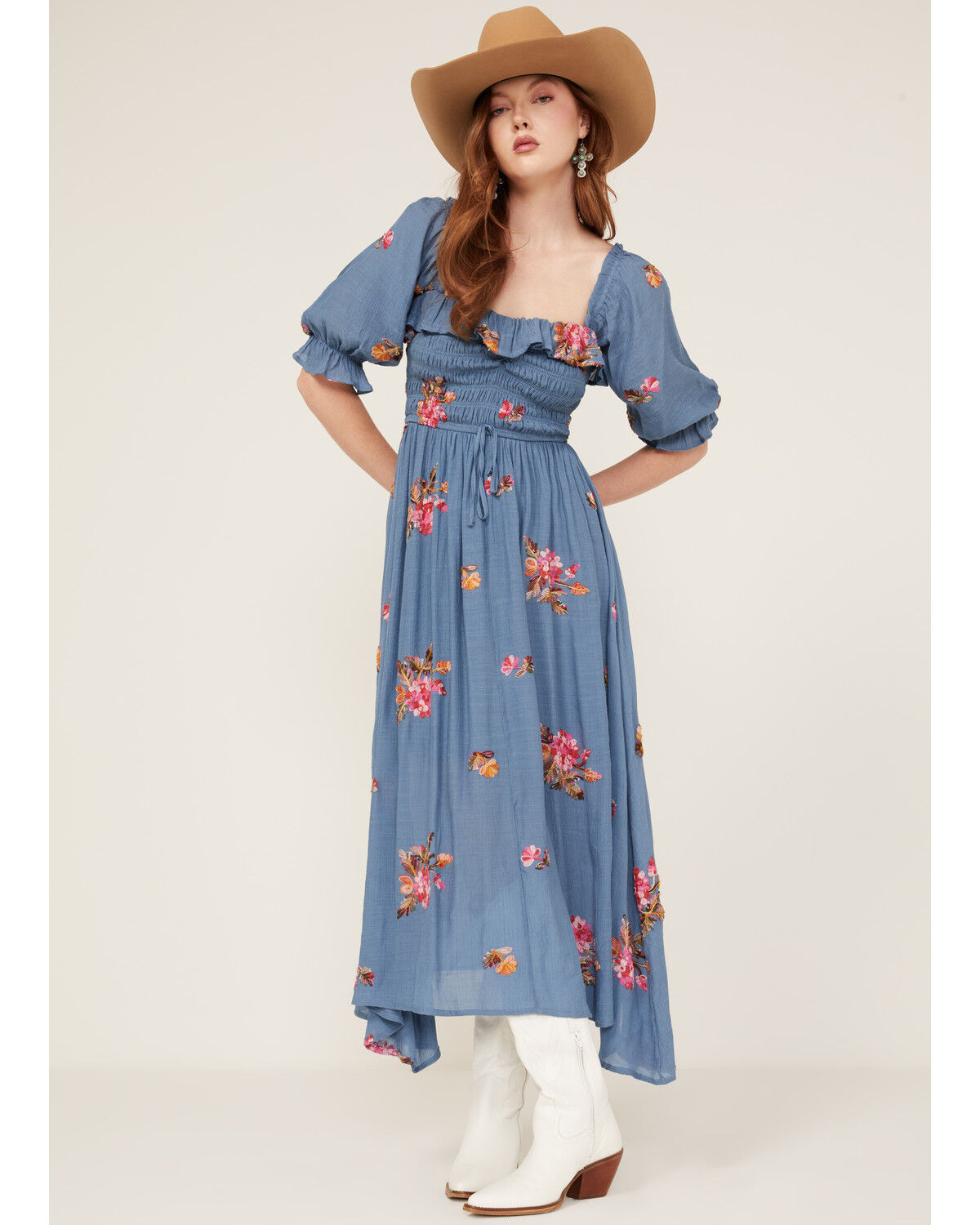 Image #1 - Wild Moss Women's Floral Embroidered Midi Dress, Blue, hi-res