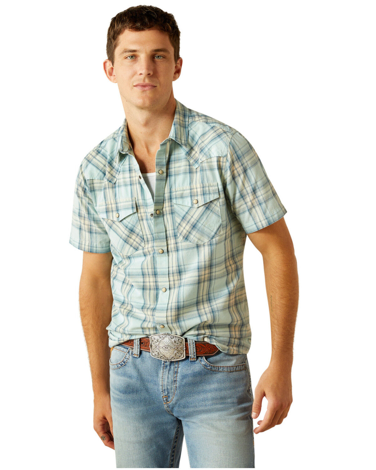Image #1 - Ariat Men's Hinkle Retro Fit Plaid Print Short Sleeve Snap Western Shirt - Tall, Aqua, hi-res
