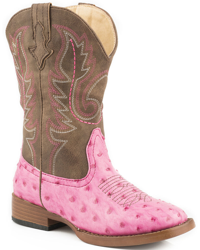 Roper Youth Girls' Pink Faux Ostrich Print Cowgirl boots - Square Toe, Pink, hi-res